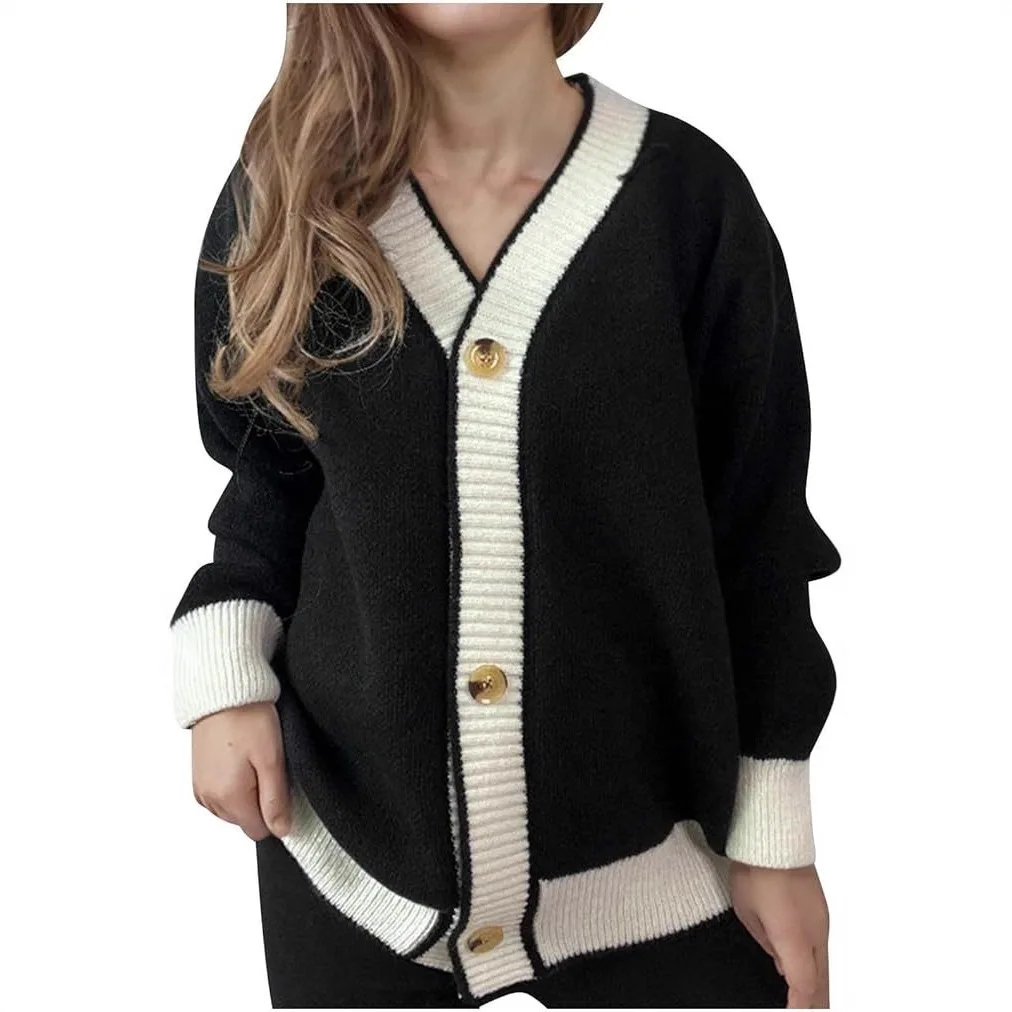 

Women Knitted Cardigan Sweaters Spliced Jumpers Patchwork V Neck Long Sleeves Single Breasted Loose Thick Casual 2025 Autumn
