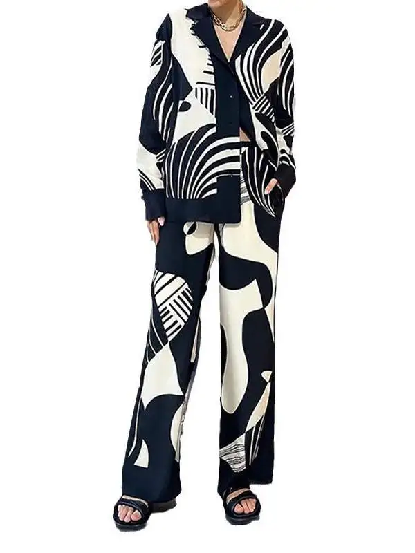 Moda impra manga longa calças cridas estilo casa casual verão conjunto f com decote em v botão tecido de poliéster