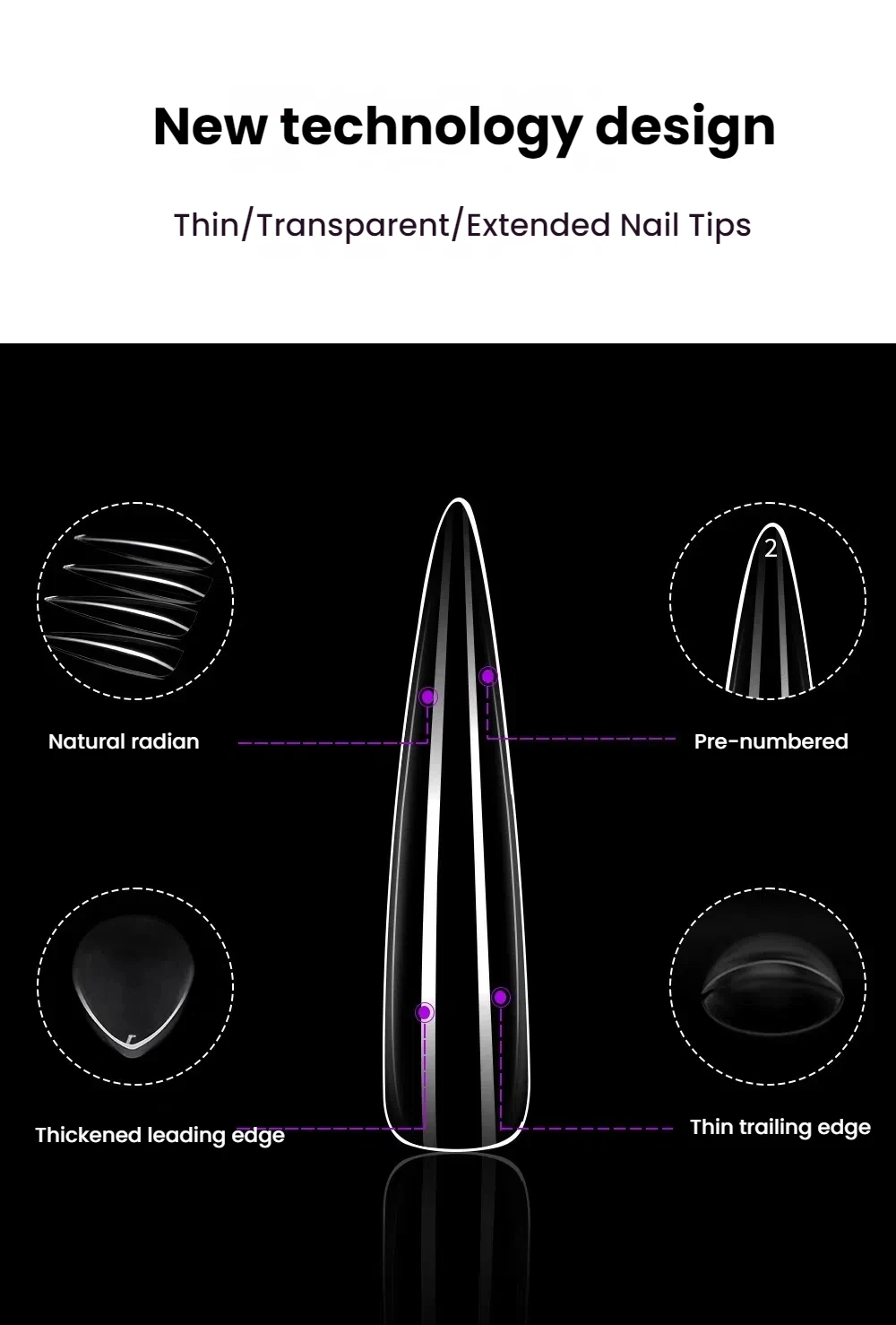 Lange druppelvormige puntige nageltips met volledige stok - transparante en natuurlijke kleuren |   Lichtgewicht en kreukvrij