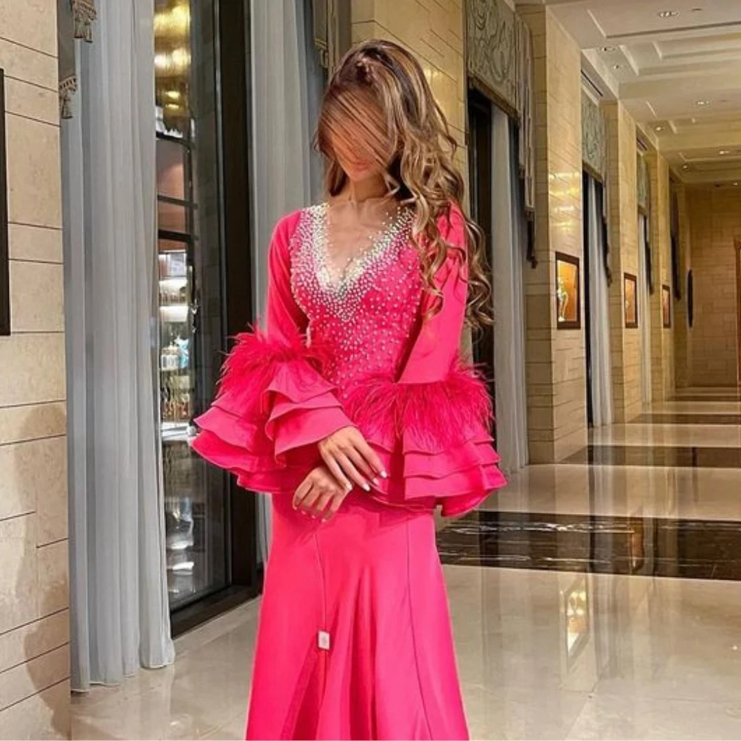 Jirocum حورية البحر تول الخامس الرقبة فساتين حفلات المرأة مطرز ريشة كم طويل حفلة ثوب مسائي طول الأرض مناسبة رسمية فستان