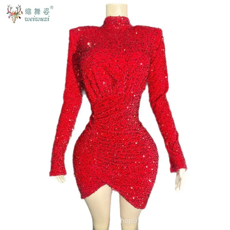 مثير وساحر الترتر الأحمر كم طويل نحيف قصير الورك تنورة المغني عرض مسرحي زي ملهى ليلي فساتين السهرة