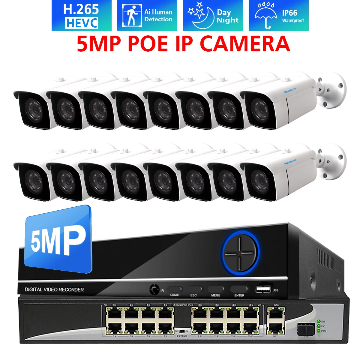 TOPROHOMIE H.265+ 16CH 4K POE NVR Kit 5MP 4MP Ai Human Detect Security Outdoor Audio Record IP Camera Video Surveillance Set 4TB