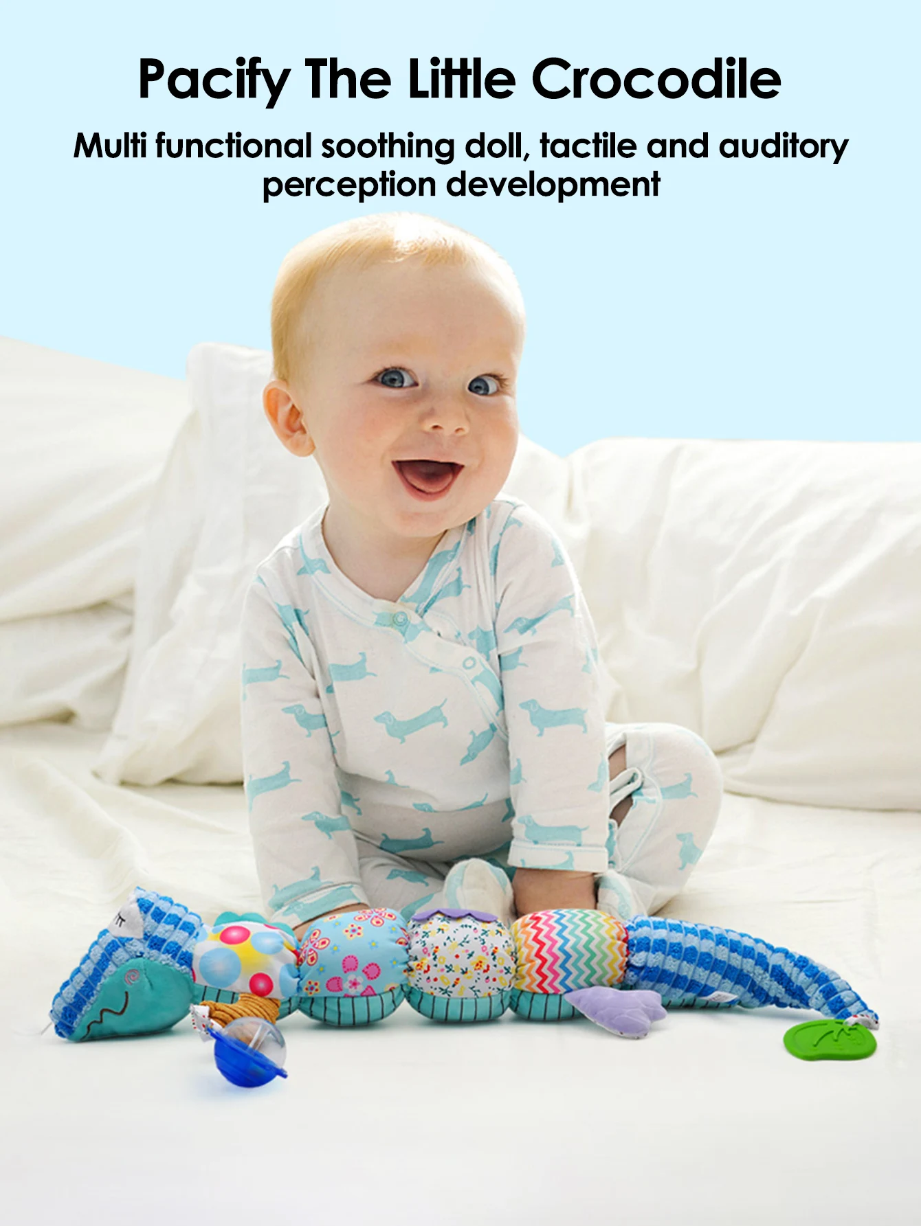 1 pçs bebê conforto crocodilo travesseiro brinquedo com fita métrica, brinquedos musicais infantis de pelúcia com chocalhos crinkle bell