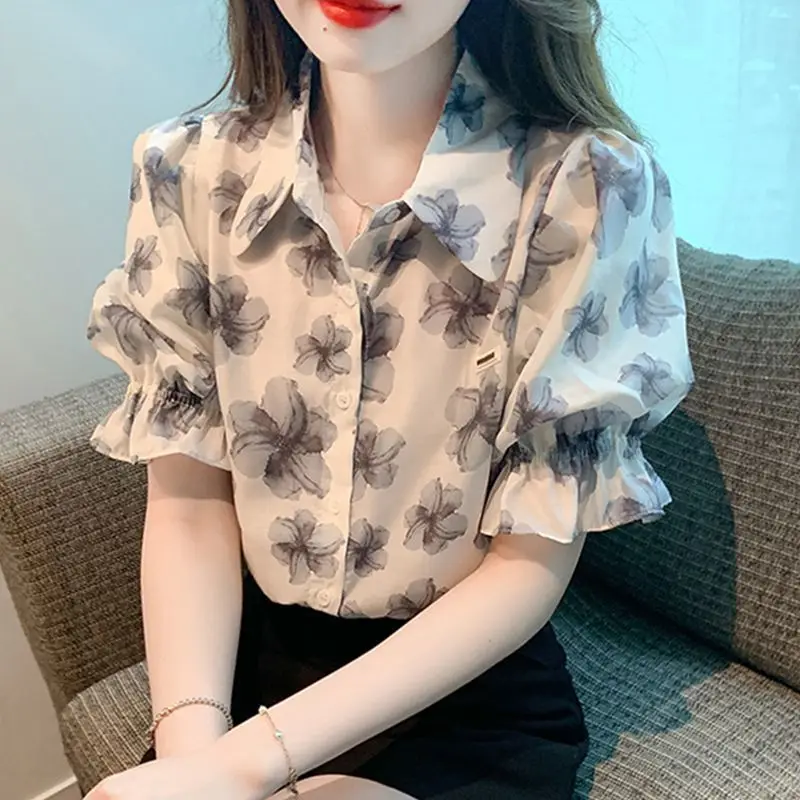 Women Clothing Floral Vintage All-match Thin Blouse Summer New Short Sleeve Print Loose Youth Elegant Shirt Tops Fashion Casual