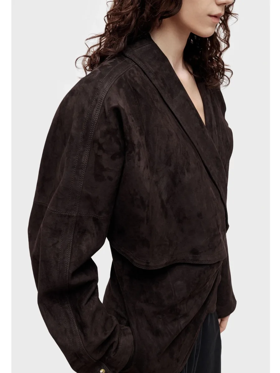 DFDG Women 2026 Vintage Suede Wrap Jacket Wide Lapel Self Belt Square Buckle Cinch Waist Drop Shoulder Loose Long Sleeve Jacket