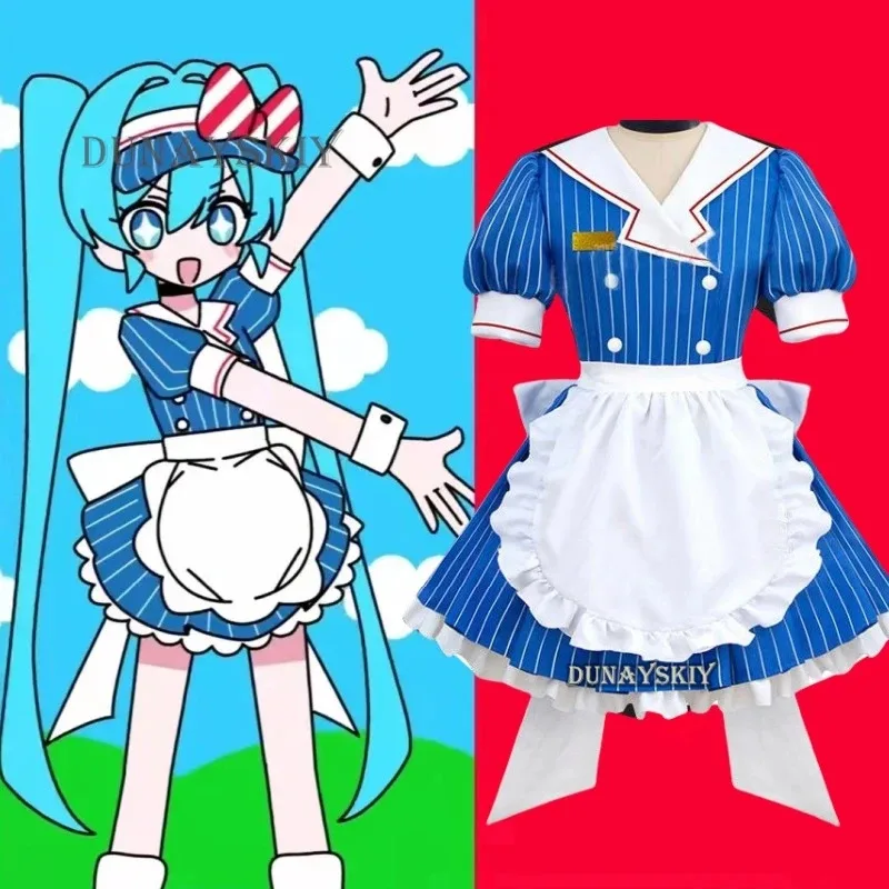2025 YiyiCosplay Kostum Wig Mikuuuu Hypnotist Cosplay Biru Bergaris Lolita Pembantu Gaun Pesta Halloween Virtual Seragam Setelan