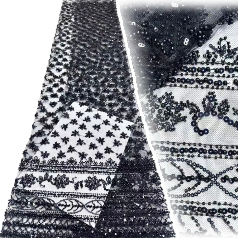

Черная роскошная африканская ткань из бисерного сетчатого кружева 2026, французский тюль с пайетками для свадебных и вечерних платьев в Нигерии, 5 ярдов, 2241