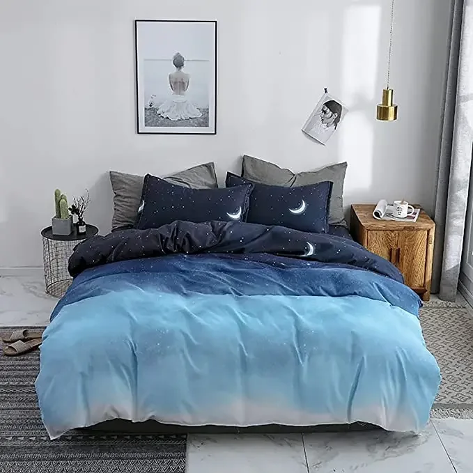 Night Starry Sky Bedding Set Queen Galaxy Moon Star Duvet Cover Blue Gradient Color Comforter Cover Soft Reversible Quilt Cover