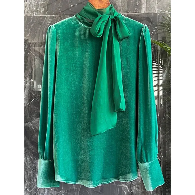 

Green Velvet Lace up Blouse Women O-neck Loose Clothing Long Sleeve Shirt Solid Color Pullover Autumn Winter Tops