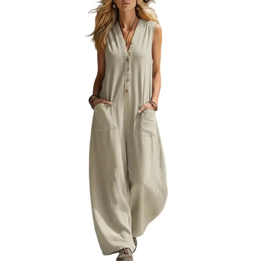 

Wide Leg Jumpsuit Summer Women Jumpsuit V Neck Romper Loose Wide Leg Pants Solid Color Overall with Dual Pockets Ladies Jumpsuit