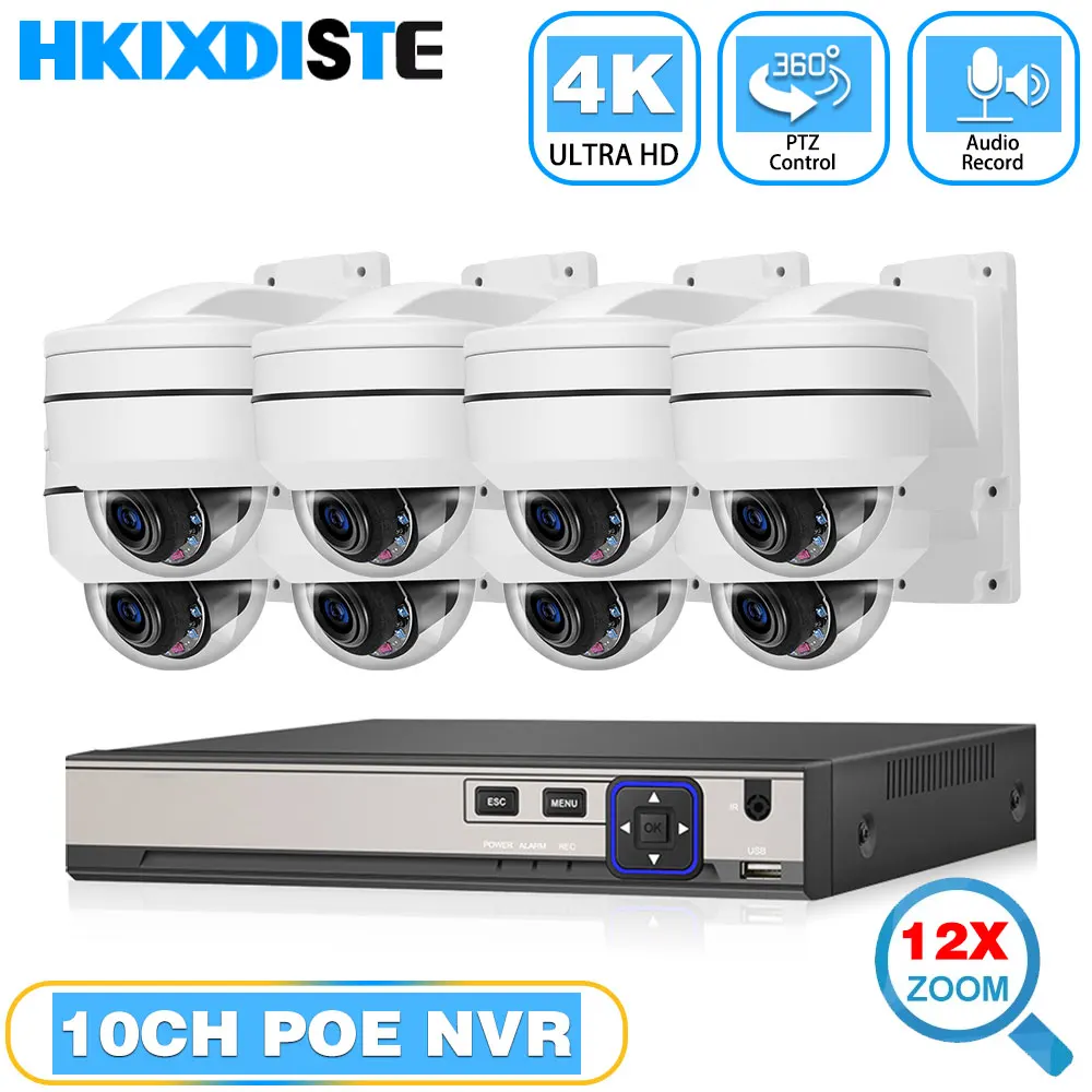 

12-кратная оптическая PTZ-камера с зумом, водонепроницаемая, 8 МП, с аудио, PoE, IP-камера для домашней системы видеонаблюдения, 10-канальный NVR видеорегистратор, комплект CCTV H.265