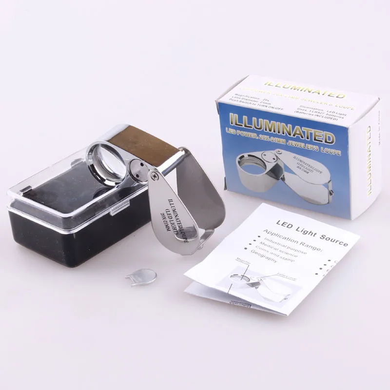 10 Pieces 20X21 30X21 LED Jewelers Loupe 21mm Lens Foldable Metal Magnifying Glass for Gem Coin Stamp Antique Appraisal