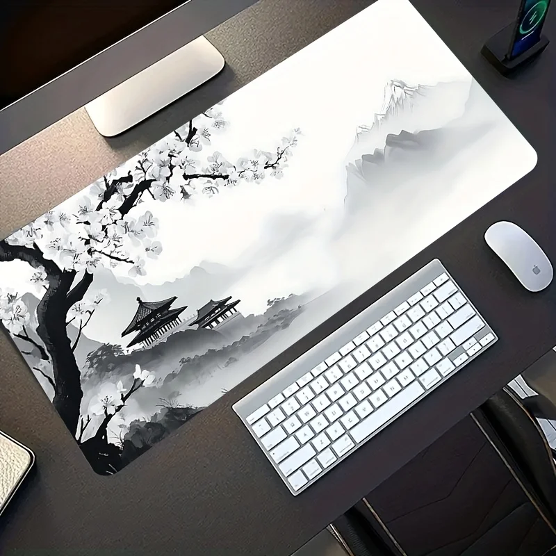 Traditional Ink Plum Blossom Gaming Mouse Pad, Large Non-Slip Desk Mat with Chinese Pavilion Print for Gamers & Cozy Home Office