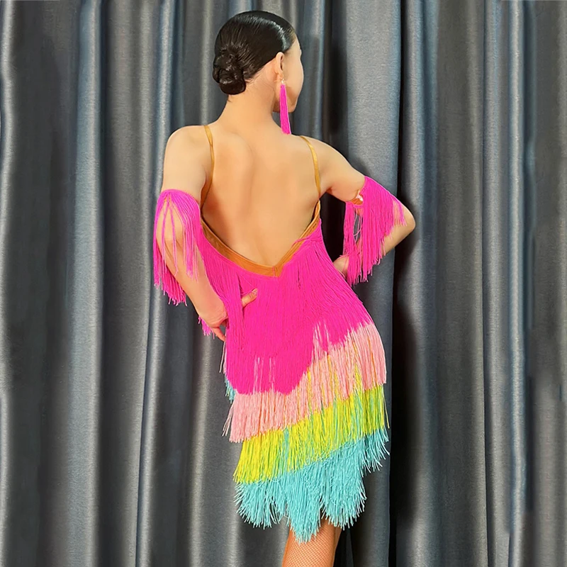 Colorful Fringed Latin Dance Dress Girls Rainbow Gradient Tassels Performance Dress Kids Latin Dance Competition Wear SL9714