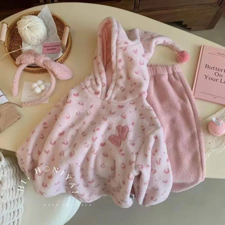 

Winter Kids Girls 2PCS Pajamas Clothes Set Cotton Print Children Girl Hooded Pullover Suit Fleece Flannel Pant Homewear Outfits