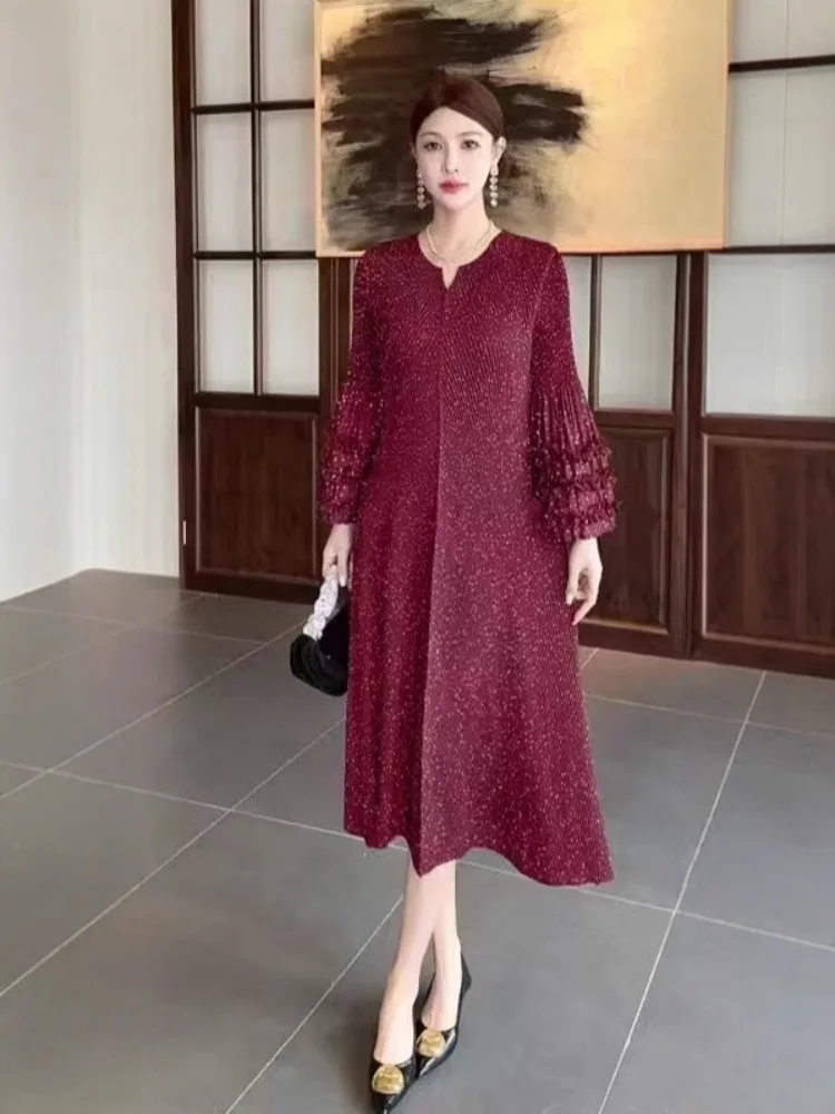 

2025 African Miyake Loose Women's Dress New Fashion Bronzing Temperament Thin Medium and Long Dress