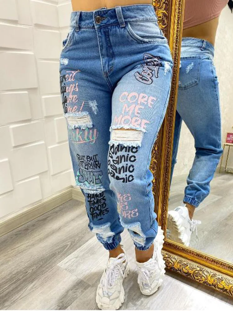 Benuynffy Streetwear Hip Hop Letter Print Ripped Jeans Women Fashion Y2K Harajuku Mid Waisted Casual Pencil Pants Spring New