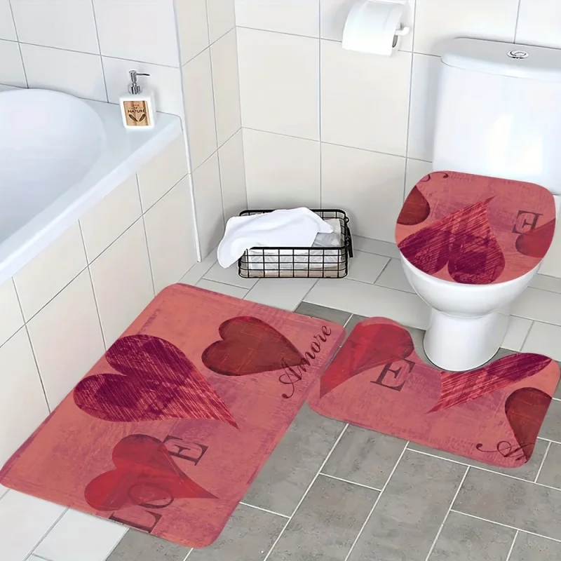 3-Piece Heart Pattern Bathroom Rug Set - Knit Fabric Love Amour Print Bath Mat, Non-Slip Absorbent Toilet Lid & Tank Cover, Soft