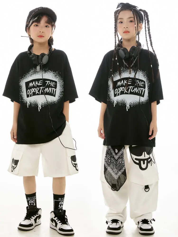 Belle robe de danse de rue pour enfants, tendance, noire, manches courtes, vêtements Hip Hop, marque tendance, robe de danse pour hommes et femmes