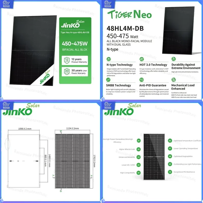 Jinko 30-Year N-Type Monocrystalline Solar Panel 450W 475W All-Black Double Glass Bifacial PV Module High Efficiency