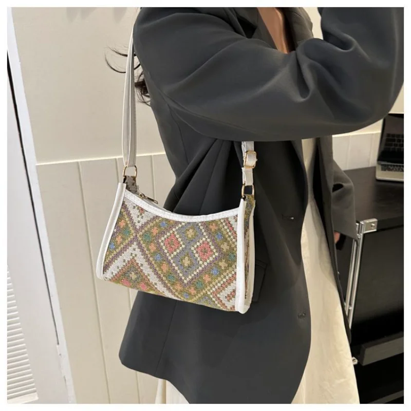 Bolso de un solo hombro con cremallera, bolsa de tela de vela nacional, estampado cuadrado pequeño, informal, contraste de Color, axila, tendencia de moda, nuevo estilo, 2024