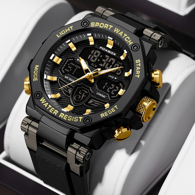ساعات فوكس بوكس للرجال 50 متر مقاومة للماء LED عرض مزدوج سوار معصم من السيليكون كوارتز ساعات رياضية عسكرية للرجال ios masculin + BOX