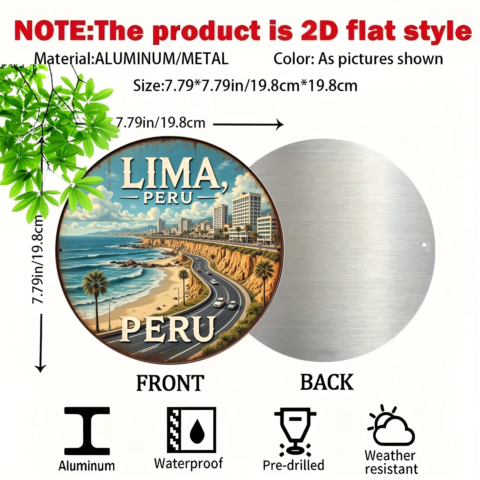 2D Flat - One-Piece Vintage Metal Wall Art Depicting The Coastal City of Lima, Peru in a 2D Flat Design - a Rustic Aluminum Deco