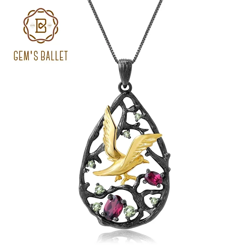 GEM\'S BALLET naturalny rodonit granat 925 srebro ręcznie robiony ptak na drzewie naszyjnik dla kobiet Fine Jewelry