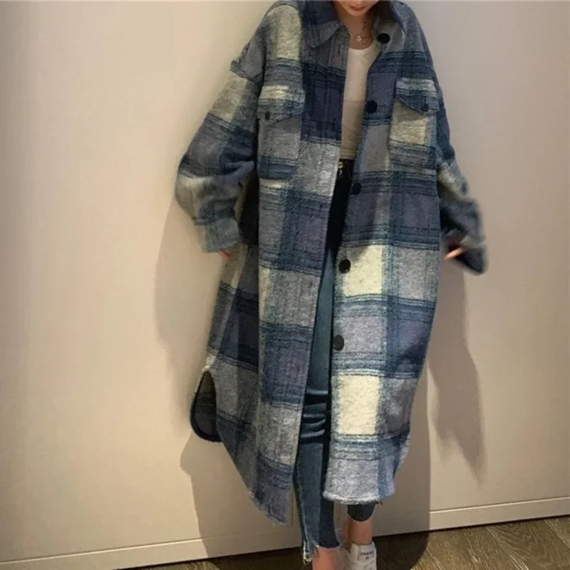 Plaid Single Tops Korean Outerwear Female Overcoat Fashion 2023 Spring Winter Women Loose Long Woolen CoatsVintage Loose Coat