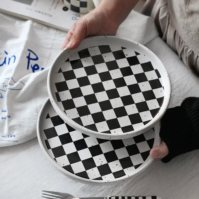 Ink Splash Checkerboard Ceramic Plate European Modern Matte Steak Pasta Dishes Cake Dessert Plates Home Afternoon Tea Tableware