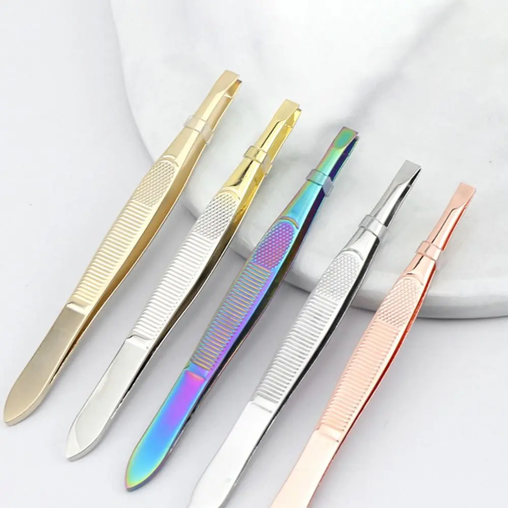 Stainless Steel Eyebrow Trimming Tweezers Slant Tip Flat Tip Eyelash Curler Mesh Stripe Handle Plucking Face Hair Removal Tools