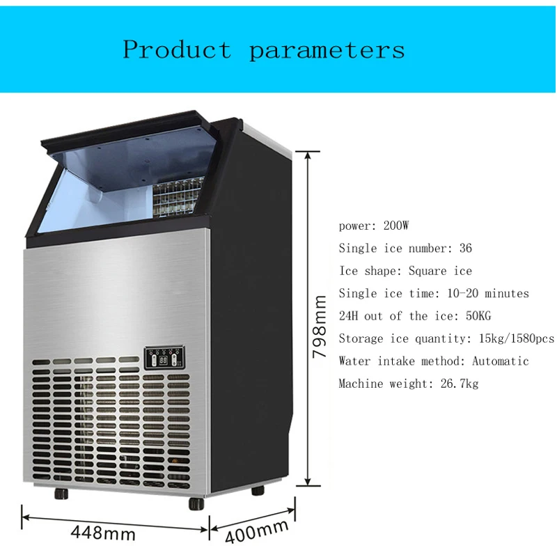 Stainless Steel Ice Maker 50KG Commercial Ice Cube Machine Portable Ice Making Machine