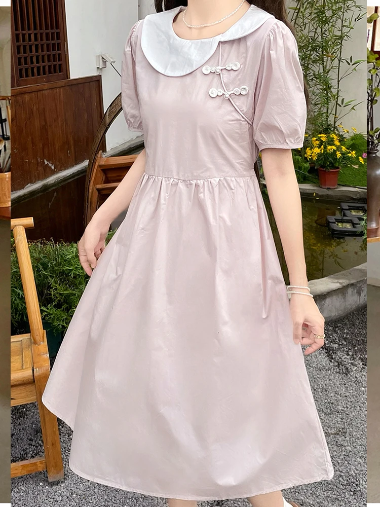 Summer Vintage Chinese Style Style Minimalist A-Line Dress Peter Pan Collar Retro Frog  Fashion Puff Sleeve Dress For Women ﻿ ﻿