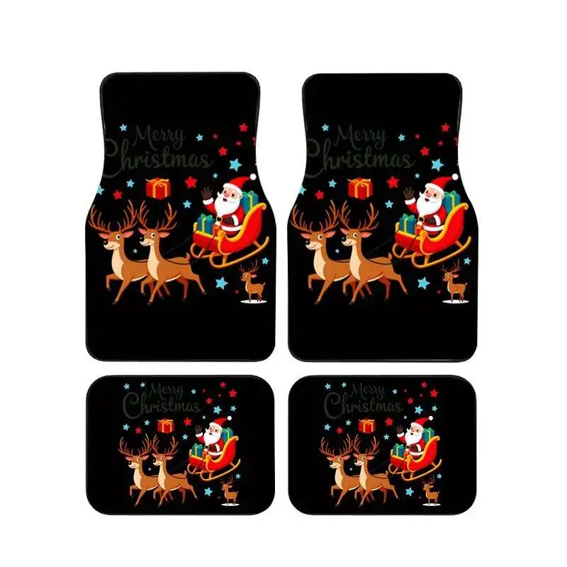 

4Pcs Merry Christmas Santa Reindeer Car Floor Mats Festive Anti-slip Waterproof Foot Liners Auto Interior Accessories Holiday
