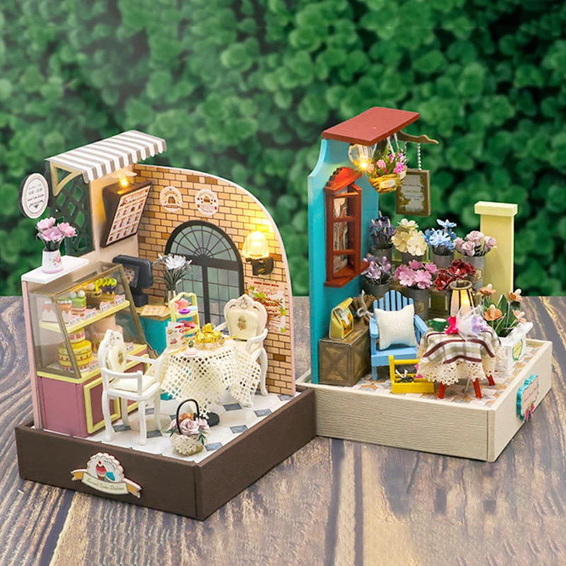 Kit de modelo en miniatura de madera DIY, estación de pastel, Casa de muñecas, rompecabezas 3D, flor, Casa de muñecas con muebles, luces para regalos de amigos