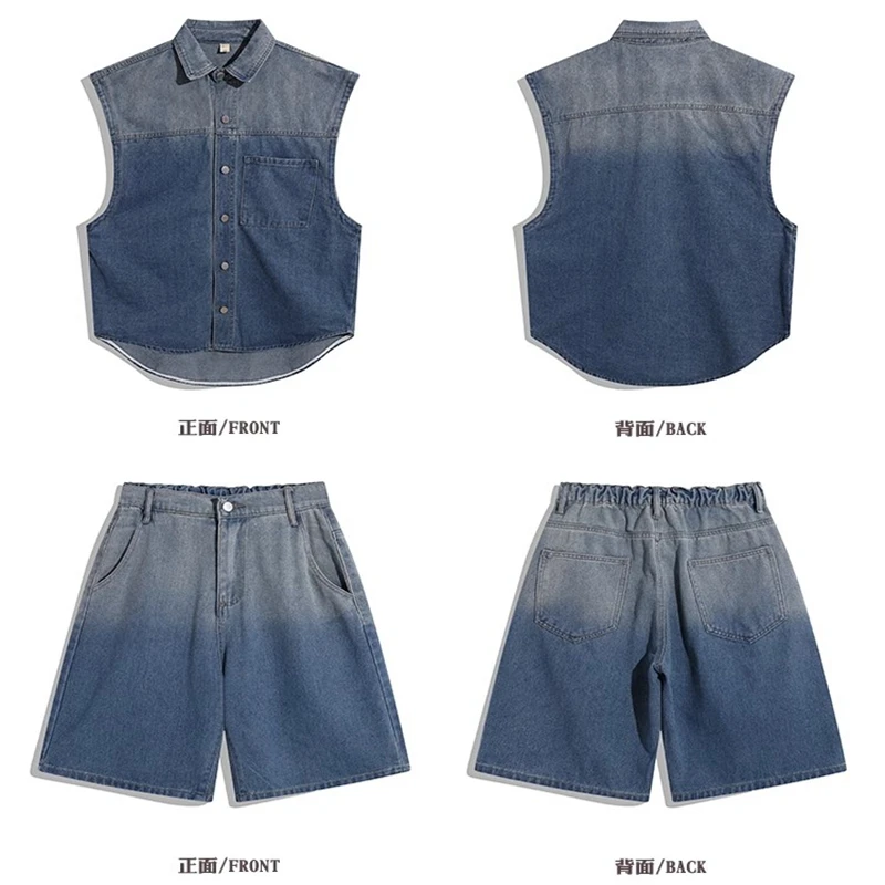 High Street Retro Denim Set Men Sleeveless Cargo Cowboy Vest+Loose Jean Shorts Male Two Piece Sets Harajuku Casual Suits Summer