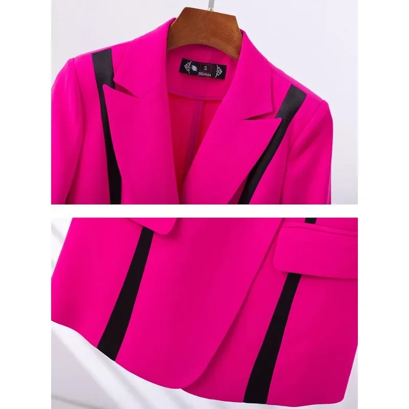 Spring Summer Women Formal Blazer Ladies Female White Pink Black Striped Three Quarter Sleeve Business Work Wear Jacket Coat