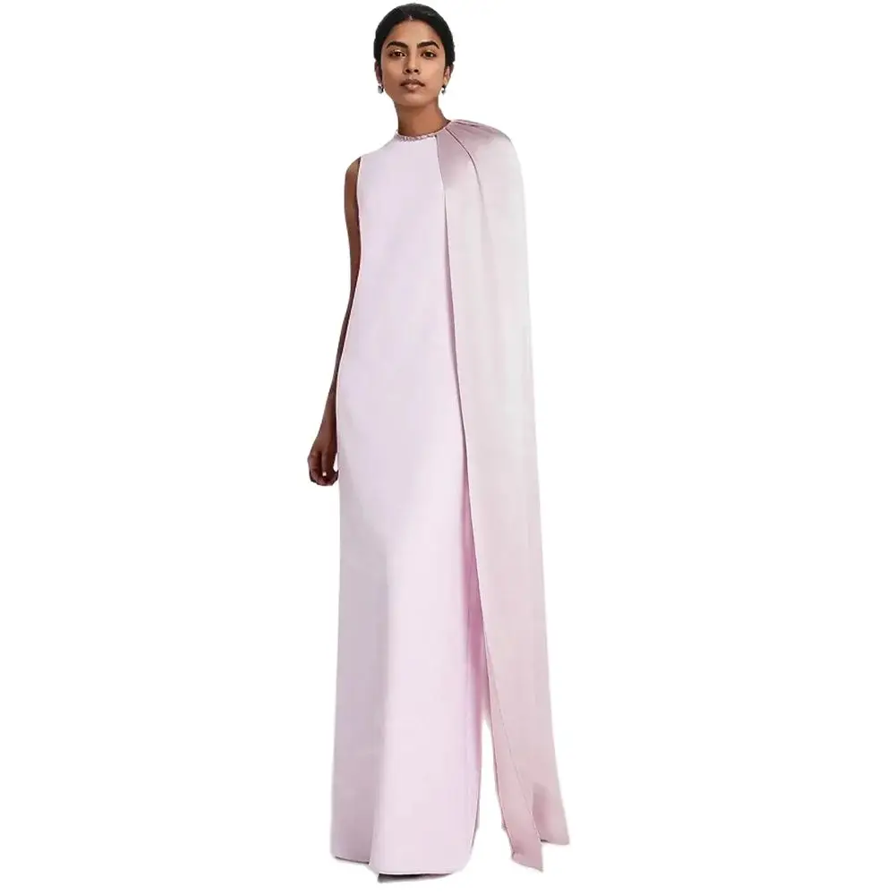 Robe de Soirée Rose Pâle Personnalisée, Tenue de Bal Arabe, à Col Rond, Style Musulman, pour Invités de Mariage, 2024