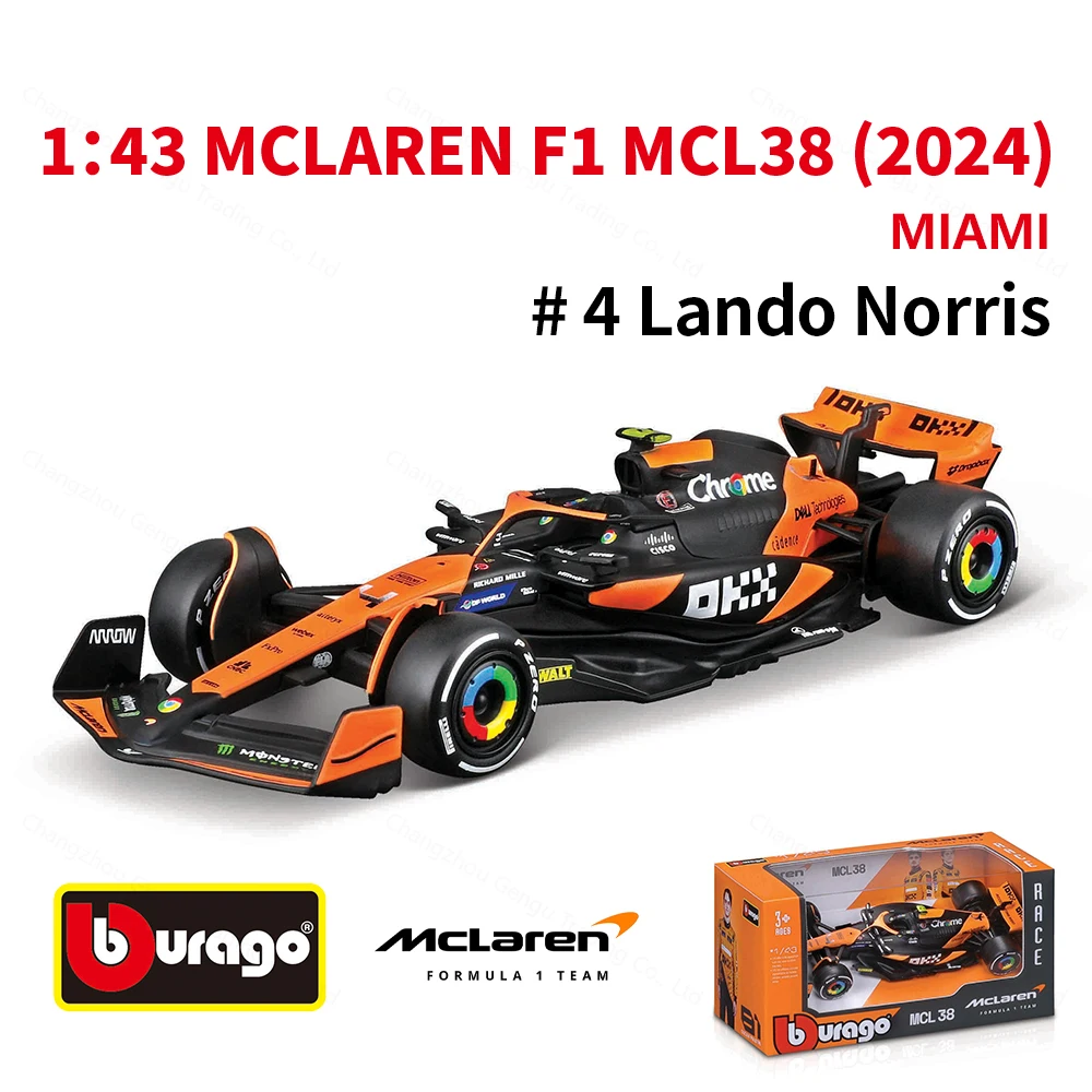 Bburago 1:43 2024 Mclaren MCL38 Miami Monaco F1 Formula Car Die Cast Vehicles Collectible Model Racing Toys