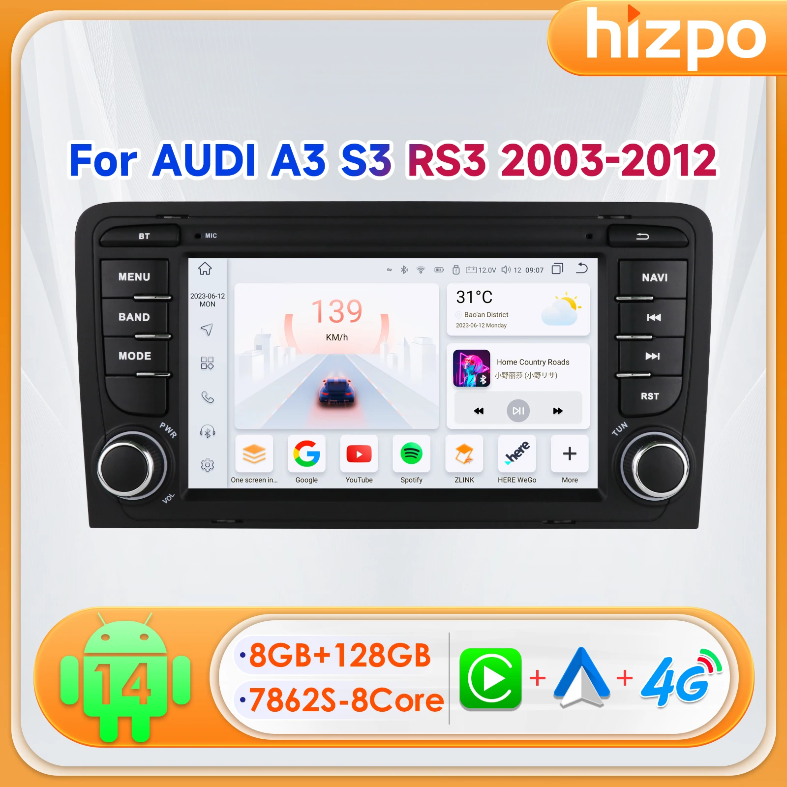 Hizpo 7“ CarPlay Android Radio For Audi A3 8P 2003-2012 Car Intelligent System 2din GPS Stereo Multimedia Player RDS Head Unit