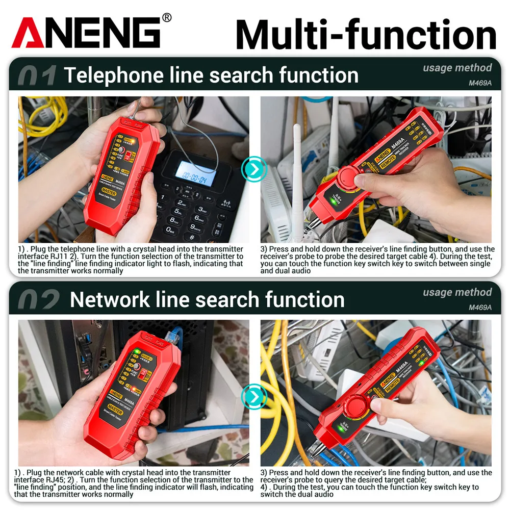 ANENG M469A narzędzie do pomiaru kabli narzędzie do testowania sieci RJ45 RJ11 detektor wielu linii telefonicznych z latarką narzędzie do naprawy