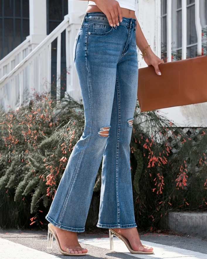 Women's Jeans 2024 Spring Fashion Ripped Pocket Design Casual Plain Daily Long Low-Waisted Flared Jeans Y2K Streetwear