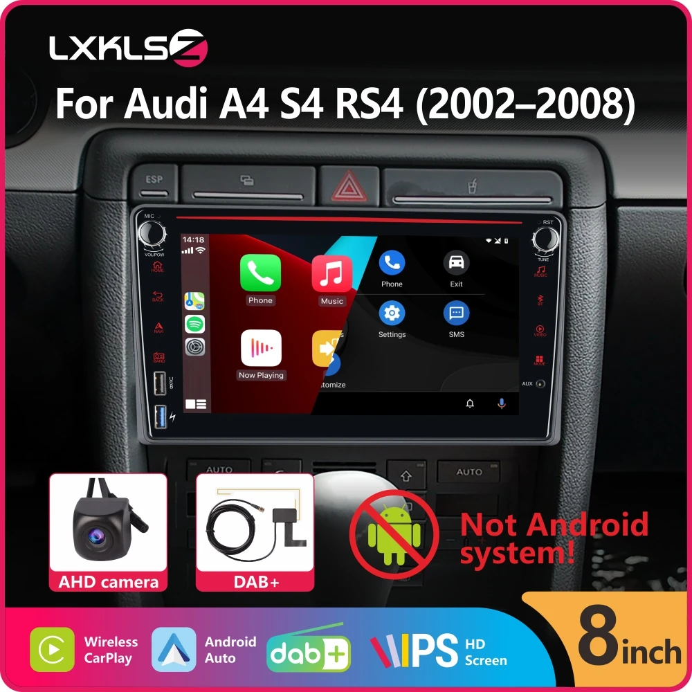 Car Radio with Wireless Carplay Android Auto for Audi A4 S4 RS4 2002–2008 with 8