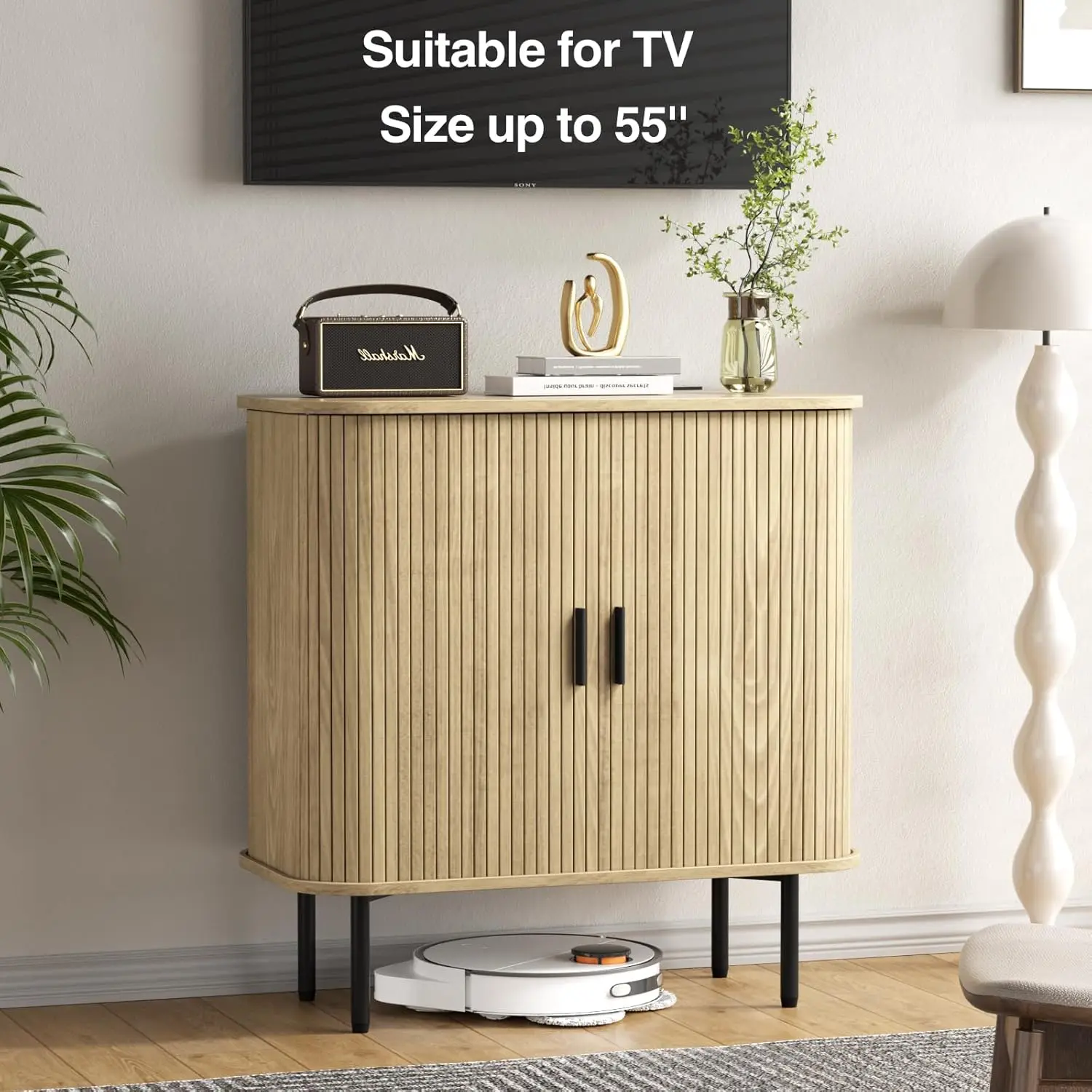 خزانة جانبية للبوفيه مع حافة منحنية وباب منزلق وطاولة وحدة تحكم خزانة خشبية مميزة لغرفة المعيشة/غرفة الطعام/المطبخ