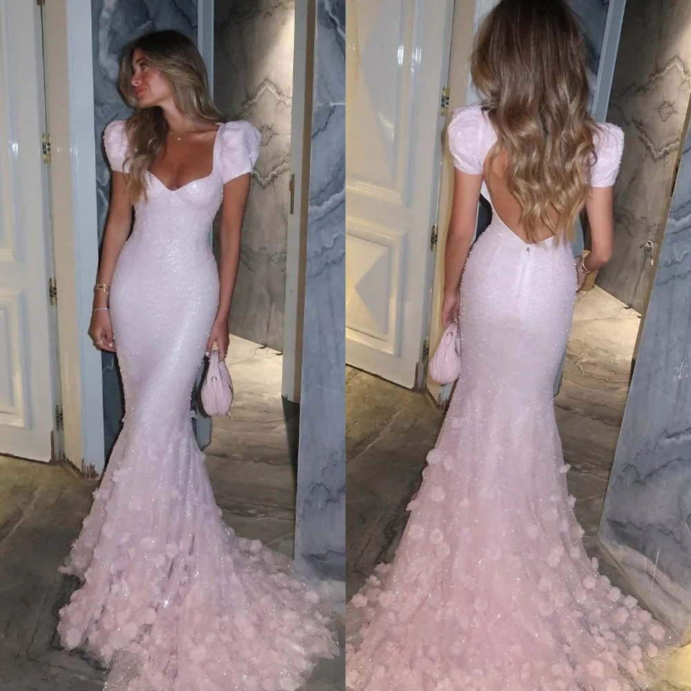 Customized High Quality V-neck Floor Lenth Pink Appliques Short Sleeves Backless Mermaid فساتين نسائيه ماركة Vestidos De Gala