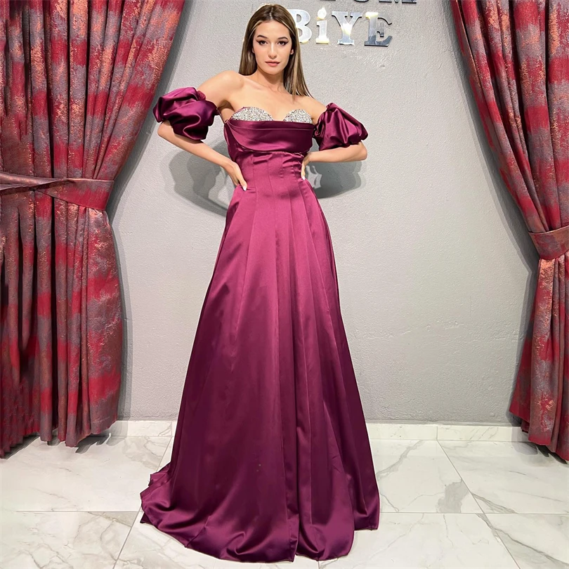 

Nersesyan Satin Puff Sleeves Evening Dress Backless Sweep Train Pleated A Line Party Gowns Sparkly Sequins Sweetheart Prom Gown