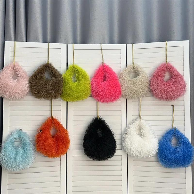 2023 Winter New Small Hobo Bag Fashion Knotted Faux Fur HandBag Women\'s Furry Short Handle Clutch Soft Plush Warm Bag