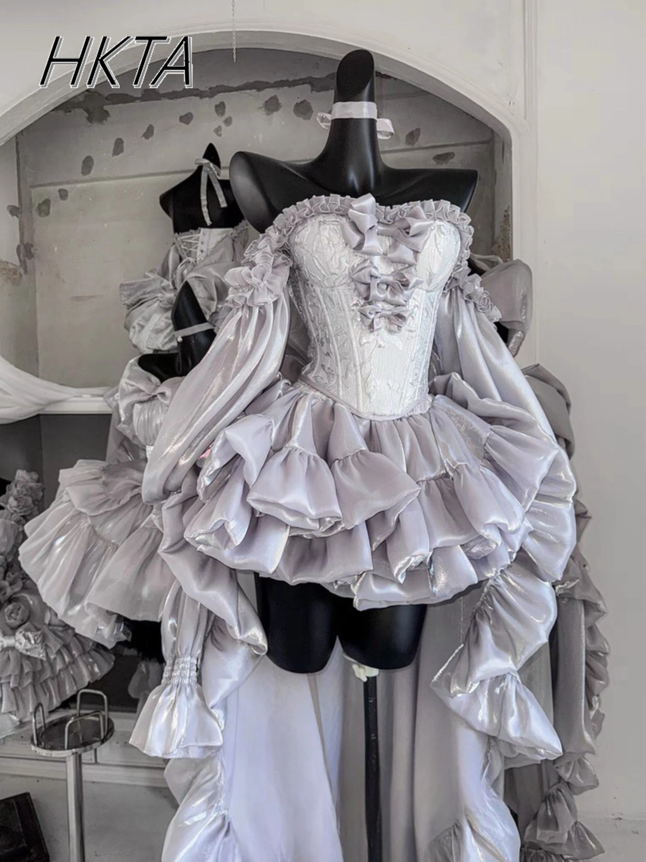 Lolita Elegant Tube Top Skirt Sets Trailing Silver White Princess Dresses Women Gorgeous Slim Waist Bow Birthday Ball Gown Dress