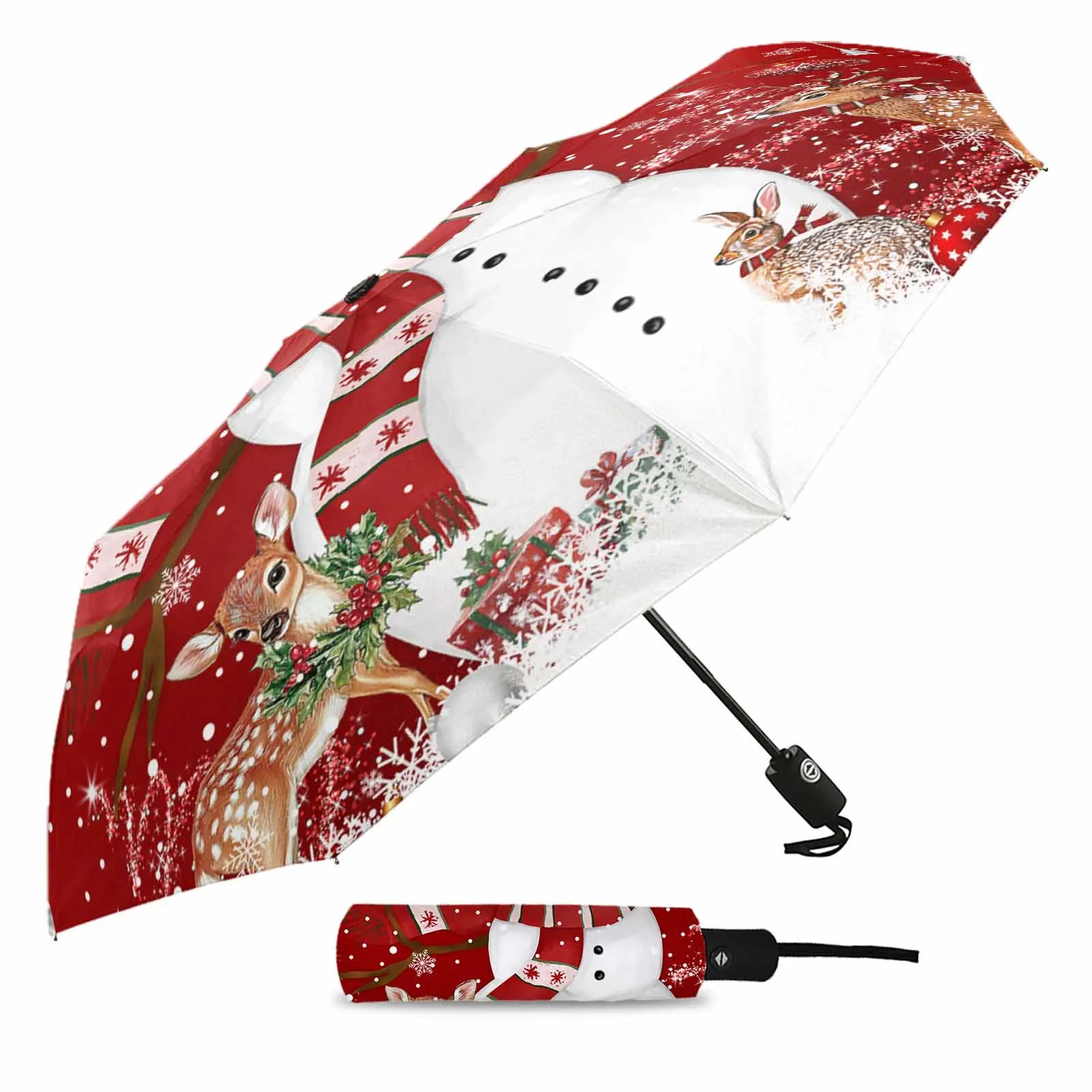 Deer Rabbit Christmas Tree Red Flower Automatic Umbrella for Rain Foldable Parasol Umbrella Eight strand Outdoor Umbrellas