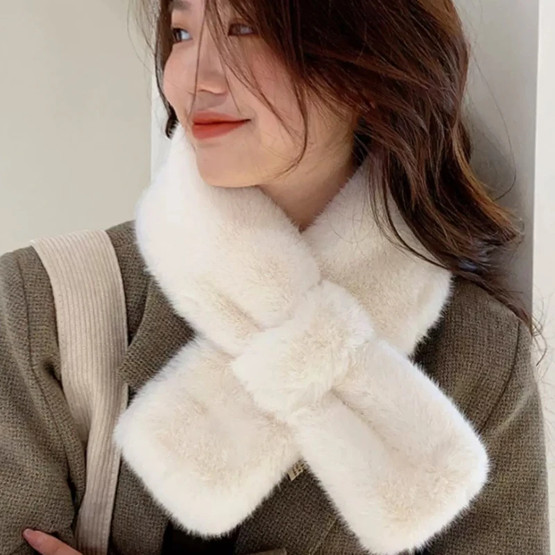 Plush Cross Scarf Faux Rabbit Fur Thickened Soft Scarves Solid Color Autumn Winter Cold Resistant Women Neck Warmer Collar Scarf